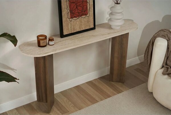 Consola SIRA, travertin/nuc, PAL melaminat, 150x35x75 cm