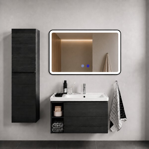 Oglindă de baie cu iluminare LED și funcție anti-aburire – ramă neagră, 60x80 cm