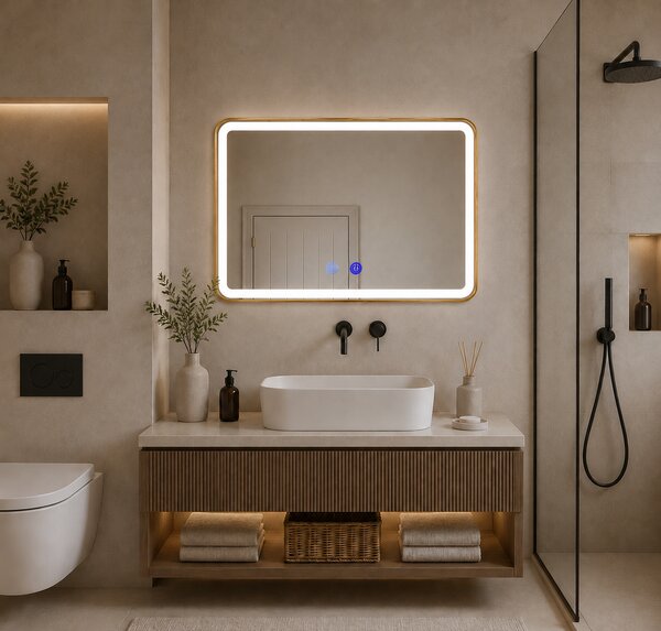Oglindă de baie cu iluminare LED și funcție anti-ceață - Ramă aurie 80x60 cm