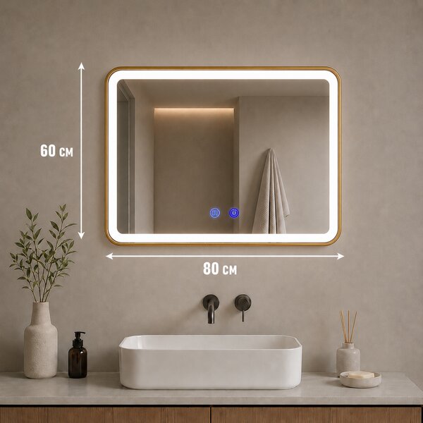 Oglindă de baie cu iluminare LED și funcție anti-ceață - Ramă aurie 80x60 cm