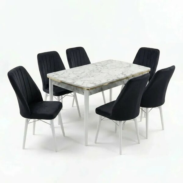 Verona Set Masa Extensibila (Marmura Alba) 80x 135 (80 x 178) Si Scaun 6 Buc, Aur Detalii, Horeca, Bucatarie, Living