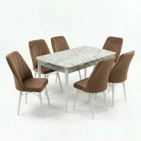 Verona Set Masa Extensibila (Marmura Alba) 80x 135 (80 x 178) Si Scaun 6 Buc, Aur Detalii, Horeca, Bucatarie, Living