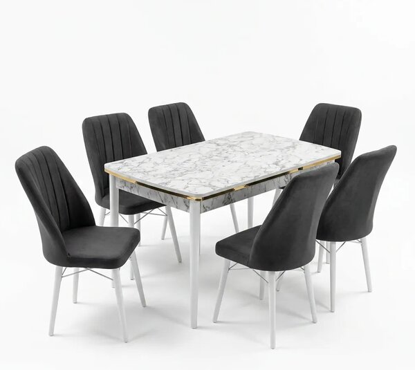 Verona Set Masa Extensibila (Marmura Alba) 80x 135 (80 x 178) Si Scaun 6 Buc, Aur Detalii, Horeca, Bucatarie, Living