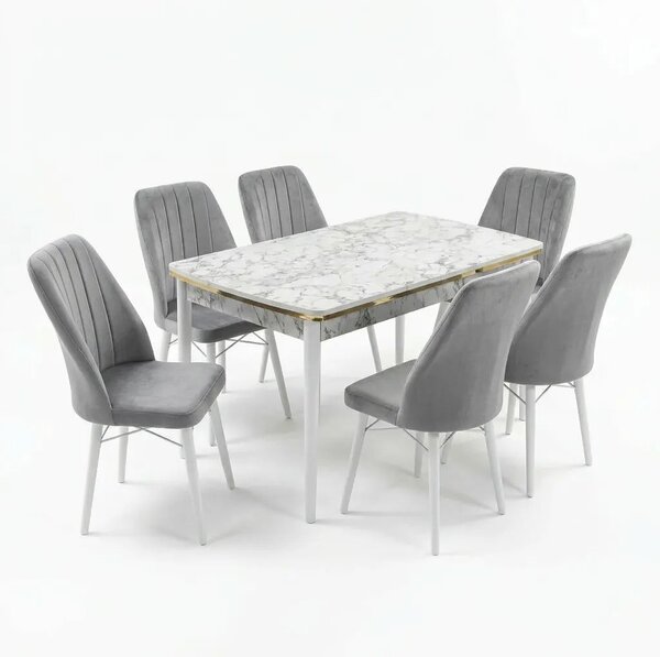 Verona Set Masa Extensibila (Marmura Alba) 80x 135 (80 x 178) Si Scaun 6 Buc, Aur Detalii, Horeca, Bucatarie, Living