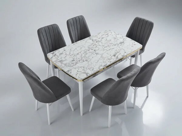Verona Set Masa Extensibila (Marmura Alba) 80x 135 (80 x 178) Si Scaun 6 Buc, Aur Detalii, Horeca, Bucatarie, Living