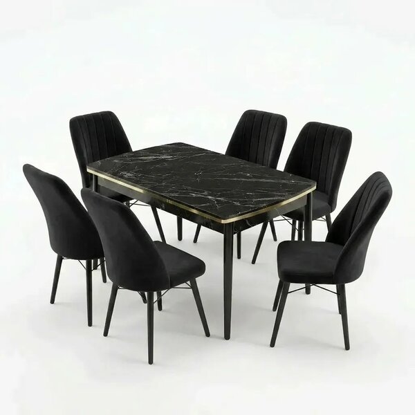 Verona Set Masa Extensibila (Negru Marmura) 80x 135 (80 x 178) Si Scaun 6 Buc, Aur Detalii, Horeca, Bucatarie, Living
