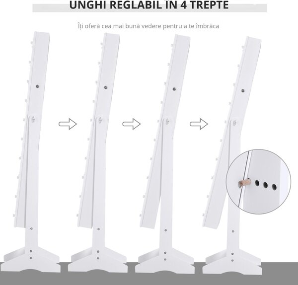 HOMCOM Dulap pentru Bijuterii cu Oglindă și LED-uri, Spațiu Amplu de Depozitare, 40x37x146 cm, Alb | Aosom Romania