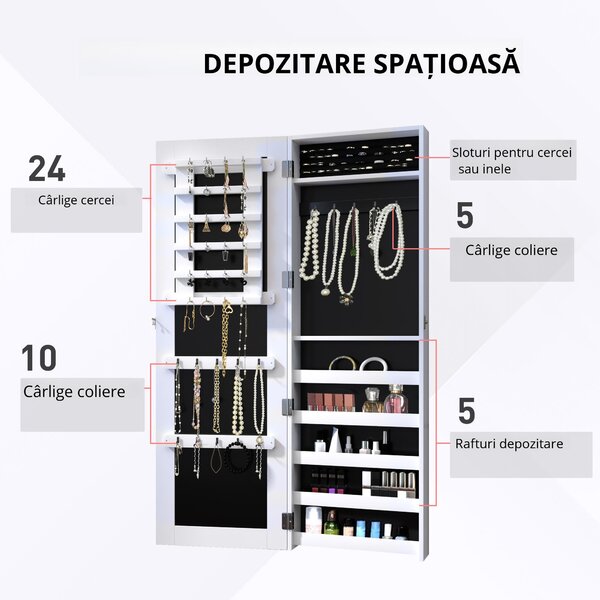 HOMCOM Dulap pentru Bijuterii cu Oglindă, Montare pe Perete, Negru, 37x9.5x121 cm | Aosom Romania