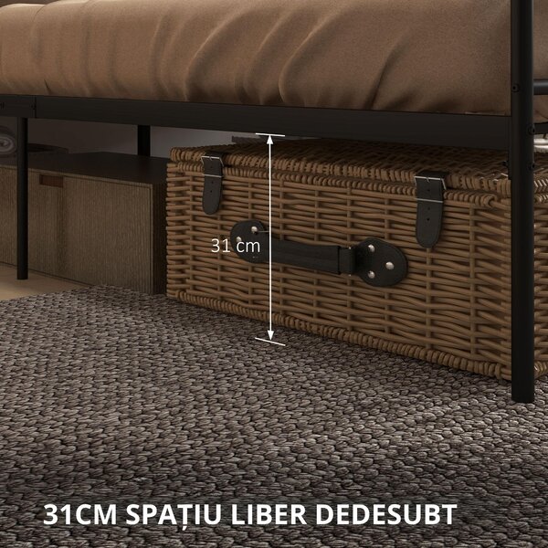 HOMCOM Structura Pat Matrimonial din Otel 160x200cm cu Sipci Integrate, Tetiera si Tablie, Spatiu de Depozitare, Negru | Aosom Romania