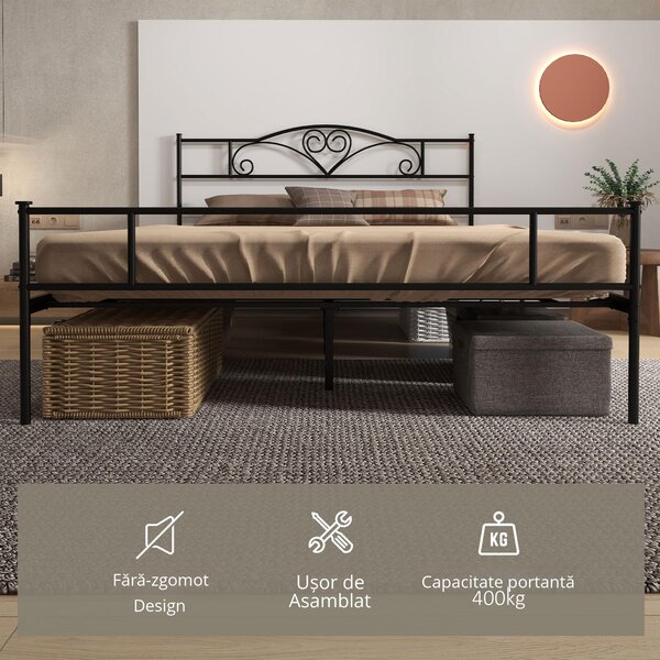 HOMCOM Structura Pat Matrimonial din Otel 160x200cm cu Sipci Integrate, Tetiera si Tablie, Spatiu de Depozitare, Negru | Aosom Romania