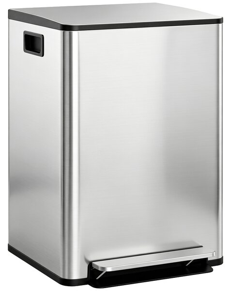 HOMCOM Coș de Gunoi cu 2 Compartimente de 30L, Pedală și Capac Silențios, 47,7x37,5x66,8 cm, Argintiu | Aosom Romania