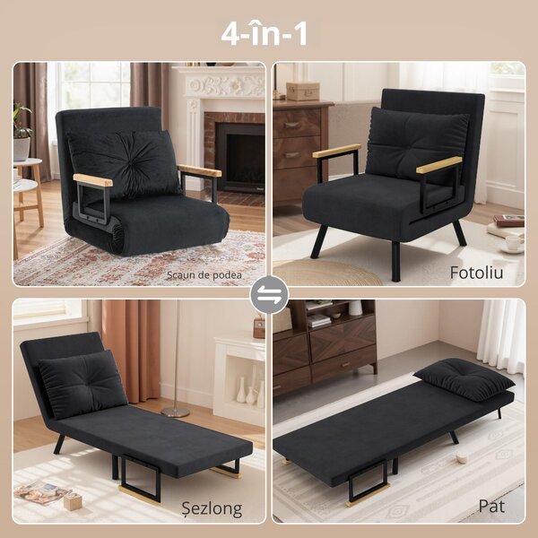 HOMCOM Canapea Extensibilă cu Spătar Reglabil pe 5 Nivele, Canapea Pat Individuală Pliabilă cu Perne, 63x73x81 cm, Negru | Aosom Romania