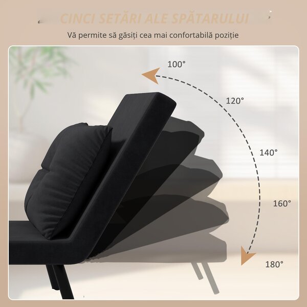 HOMCOM Canapea Extensibilă cu Spătar Reglabil pe 5 Nivele, Canapea Pat Individuală Pliabilă cu Perne, 63x73x81 cm, Negru | Aosom Romania