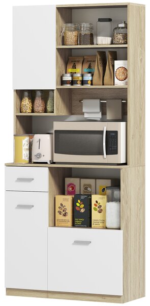 HOMCOM Bufet Înalt de Bucătărie cu Sertar, 3 Dulapuri și 4 Compartimente Deschise, 80x35x180 cm, Alb | Aosom Romania