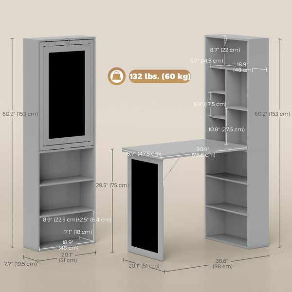 HOMCOM Birou Pliabil cu Bibliotecă, Tablă și Masă de Dining Rabatabilă, 98x51x153 cm, Gri închis | Aosom Romania