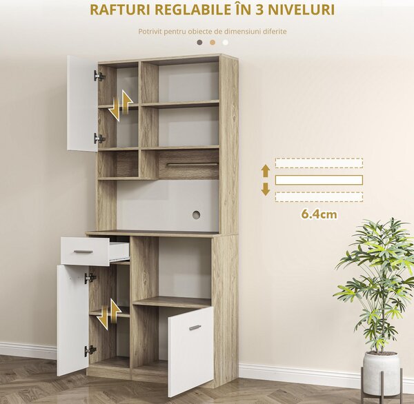 HOMCOM Bufet Înalt de Bucătărie cu Sertar, 3 Dulapuri și 4 Compartimente Deschise, 80x35x180 cm, Alb | Aosom Romania