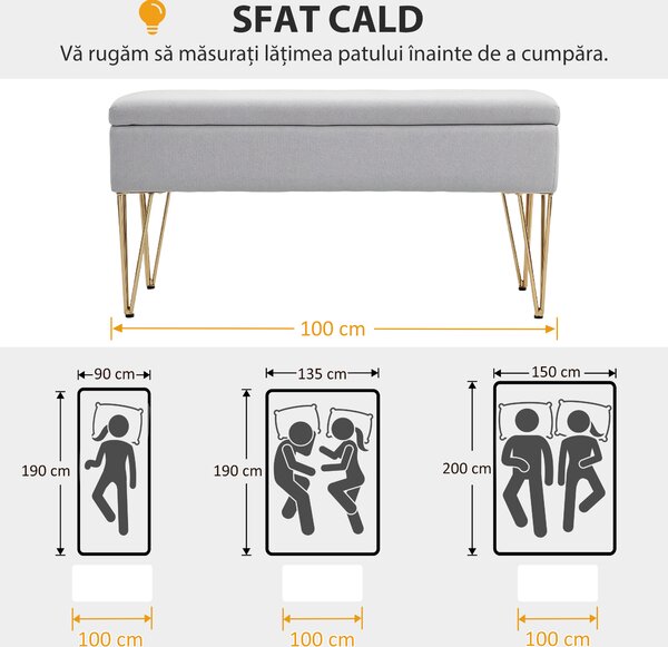 HOMCOM Bancă cu Depozitare din Material Textil și Picioare din Oțel, 100x40x49 cm, Gri Deschis | Aosom Romania