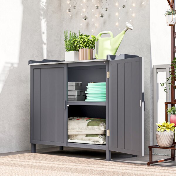 Outsunny Dulap pentru Exterior din Lemn de Brad cu Blat de Lucru din Metal Zincat si 2 Rafturi pentru Scule, 98x48x95.5 cm, Gri | Aosom Romania