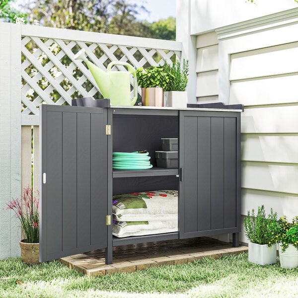 Outsunny Dulap pentru Exterior din Lemn de Brad cu Blat de Lucru din Metal Zincat si 2 Rafturi pentru Scule, 98x48x95.5 cm, Gri | Aosom Romania