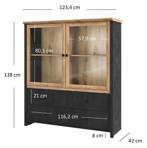 Vitrina NICOLE, stejar wotan/gri antracit, PAL laminat/sticla, 123x42x