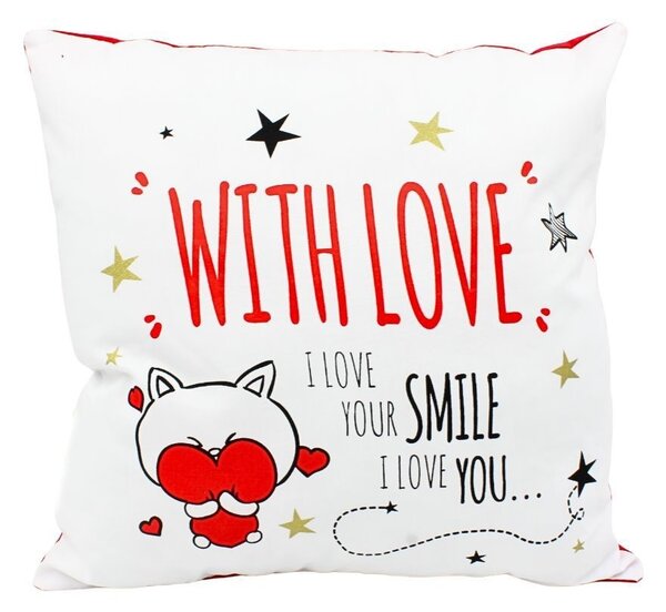 Pernă personalizată cu mesaj, Nekupto - "With Love / I Love Your Smile", 30x30 cm, bumbac
