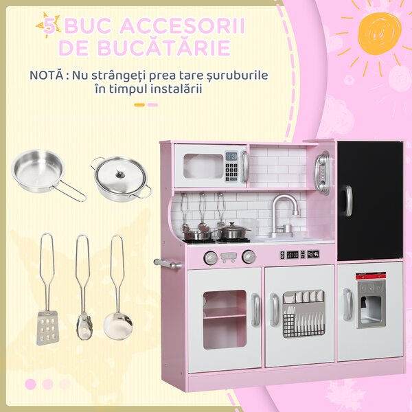 AIYAPLAY Bucătărie de Jucărie din Lemn pentru Copii 3-8 Ani cu Accesorii Roz | Aosom Romania