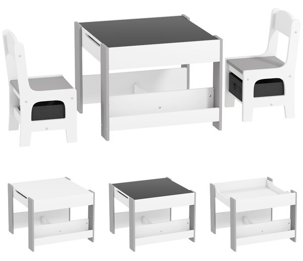 HOMCOM Set de Masă și Scaun pentru Copii, Set de Birou și Scaun pentru Copii 2-în-1 cu Tablă și Rafturi pentru Cărți, 61.5x61.5x48 cm, Gri | Aosom Romania