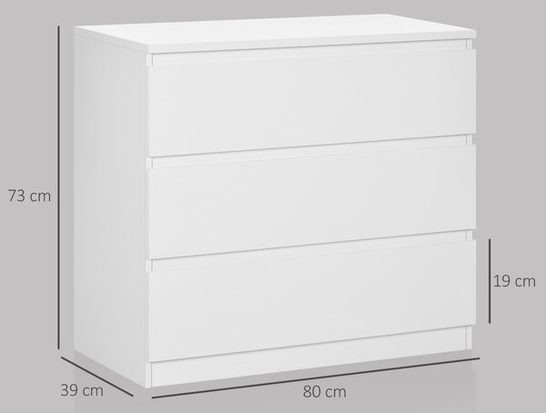 HOMCOM Comodă cu 3 Sertare Modernă fără Mânere pentru Dormitor și Sufragerie, 80x39x73 cm, Alb | Aosom Romania