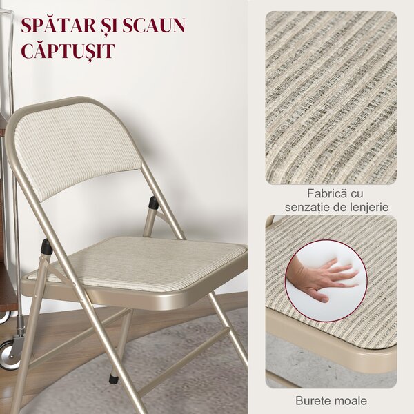 HOMCOM Set de 4 Scaune Pliabile, Scaune Moderne cu Perne din Poliester pentru Acasă și Birou, 45x46x78 cm, Bej | Aosom Romania