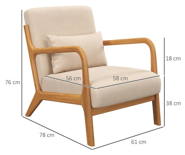 HOMCOM Fotoliu din catifea cu structură din lemn, cu umplutură din arcuri în formă de S și pernă, 61x78x76 cm, Bej | Aosom Romania