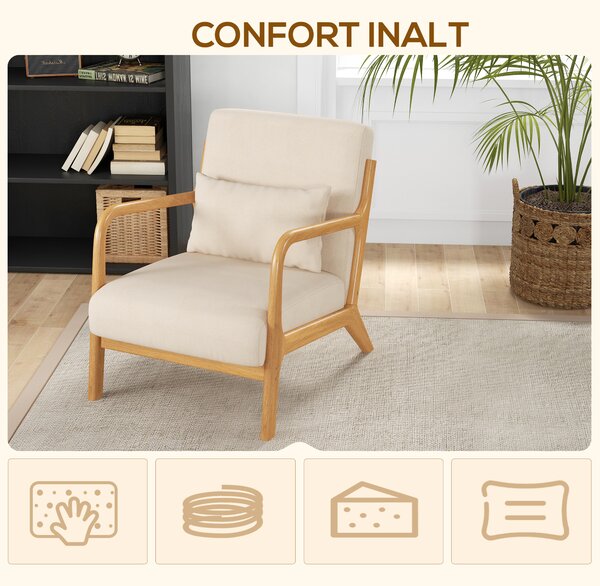 HOMCOM Fotoliu din catifea cu structură din lemn, cu umplutură din arcuri în formă de S și pernă, 61x78x76 cm, Bej | Aosom Romania
