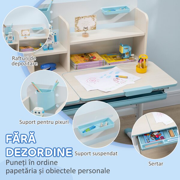 HOMCOM Set Birou și Scaun pentru Copii Reglabile, Inclinabilă la 60° cu Sertar, Rafturi și Suport, 3+ Ani, Albastru | Aosom Romania