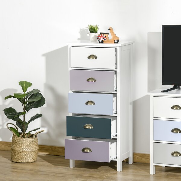 HOMCOM Comodă pentru Dormitor cu 5 Sertare Colorate, cu Mânere Metalice, 45x30x95.4 cm, Multicolor | Aosom Romania