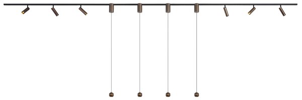 Sistem de iluminat pe șină modern cu 6 spoturi și 4 lumini suspendate Easylift bronz închis monofazat - Slimline Uzzy Tira