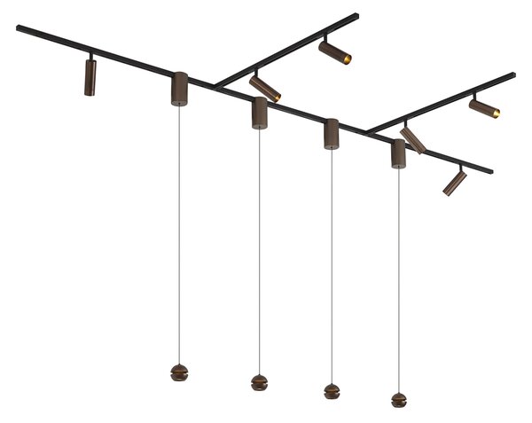 Sistem de iluminat pe șină modern cu 6 spoturi și 4 lumini suspendate Easylift bronz închis monofazat - Slimline Uzzy Tira