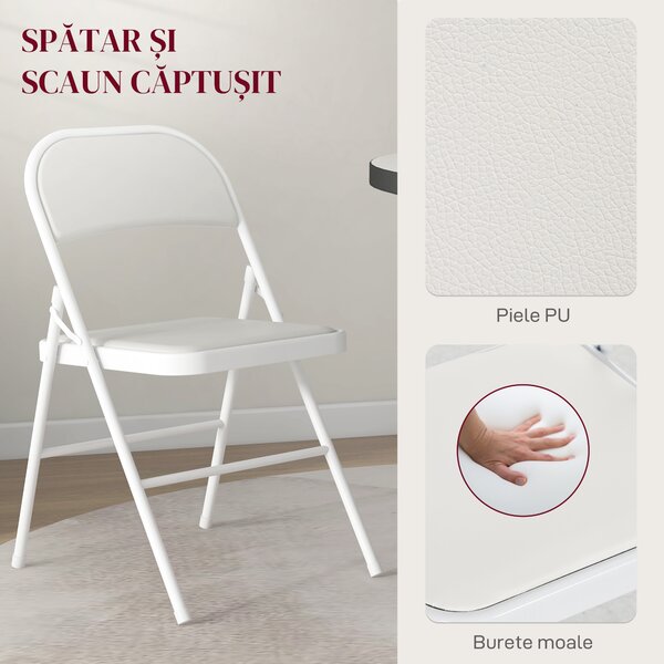 HOMCOM Set de 2 Scaune Pliabile, Scaune Moderne cu Perne din Poliester pentru Acasă și Birou, 45x46x78 cm, Alb | Aosom Romania