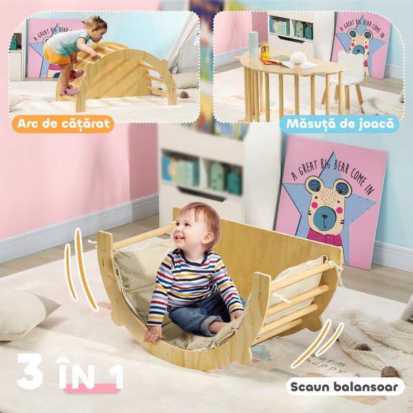 AIYAPLAY Arc Montessori 3 în 1 pentru Copii de 18-48 Luni, Structură de Cățărare, Măsuță și Balansoar cu Pernă | Aosom Romania