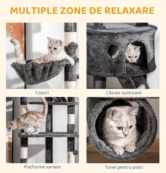 PawHut Ansamblu de Joacă de Tavan pentru Pisici Multinivel cu Înălțime Reglabilă 240-260 cm, cu Cuști și Scări, Gri | Aosom Romania