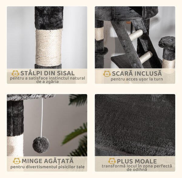 PawHut Ansamblu de Joacă de Tavan pentru Pisici Multinivel cu Înălțime Reglabilă 240-260 cm, cu Cuști și Scări, Gri | Aosom Romania