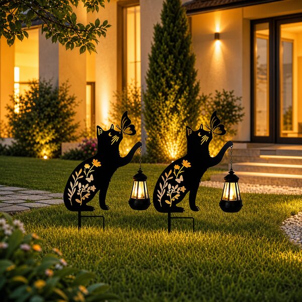 Set 2 x Lampa solara de gradina, decoratiune metalica, Pisica