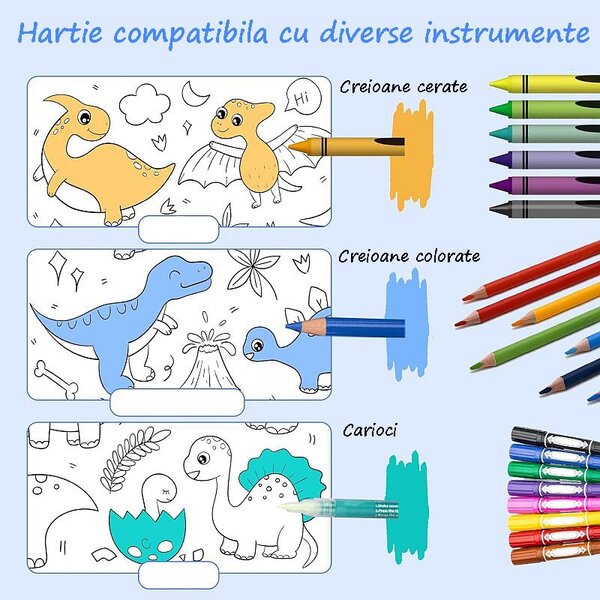 Rola autocolanta cu desene de colorat, model dinozauri, hartie, decupare si lipire, 30x300 cm