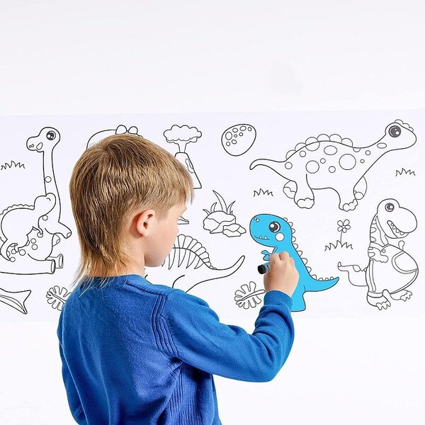 Rola autocolanta cu desene de colorat, model dinozauri, hartie, decupare si lipire, 30x300 cm