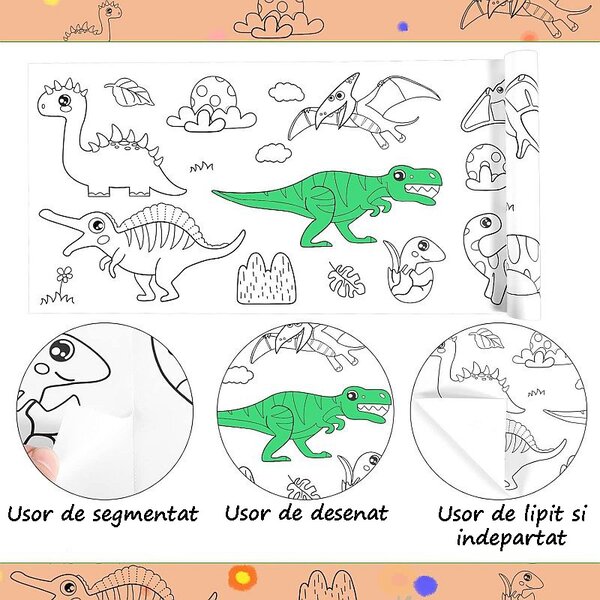 Rola autocolanta cu desene de colorat, model dinozauri, hartie, decupare si lipire, 30x300 cm