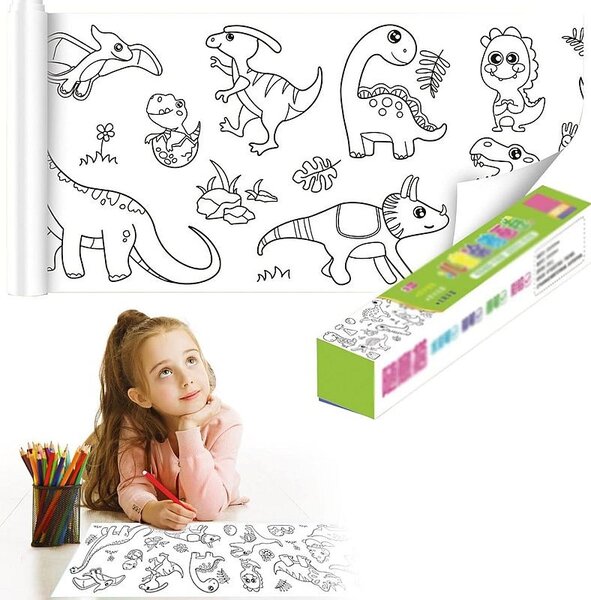 Rola autocolanta cu desene de colorat, model dinozauri, hartie, decupare si lipire, 30x300 cm
