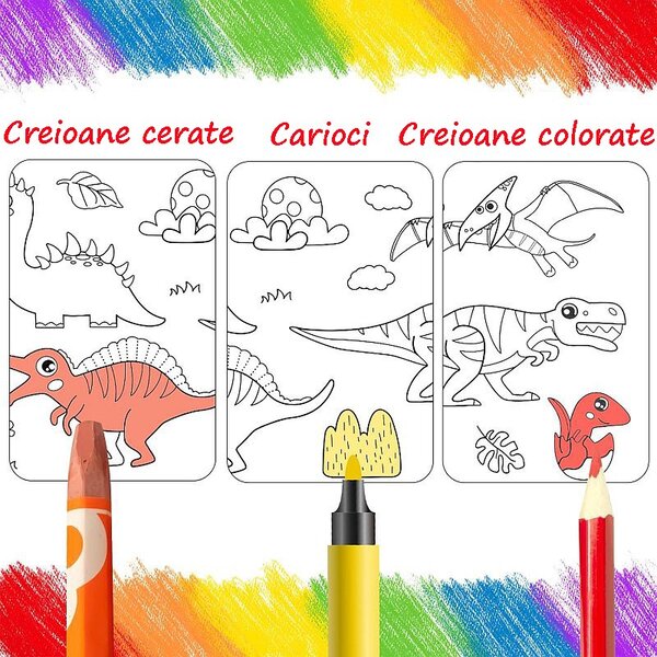 Rola autocolanta cu desene de colorat, model dinozauri, hartie, decupare si lipire, 30x300 cm