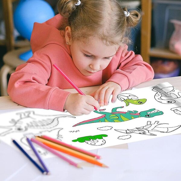 Rola autocolanta cu desene de colorat, model dinozauri, hartie, decupare si lipire, 30x300 cm