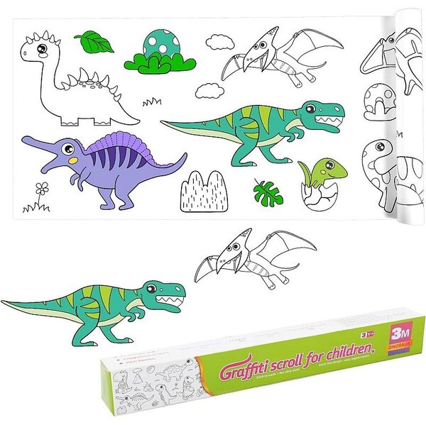 Rola autocolanta cu desene de colorat, model dinozauri, hartie, decupare si lipire, 30x300 cm