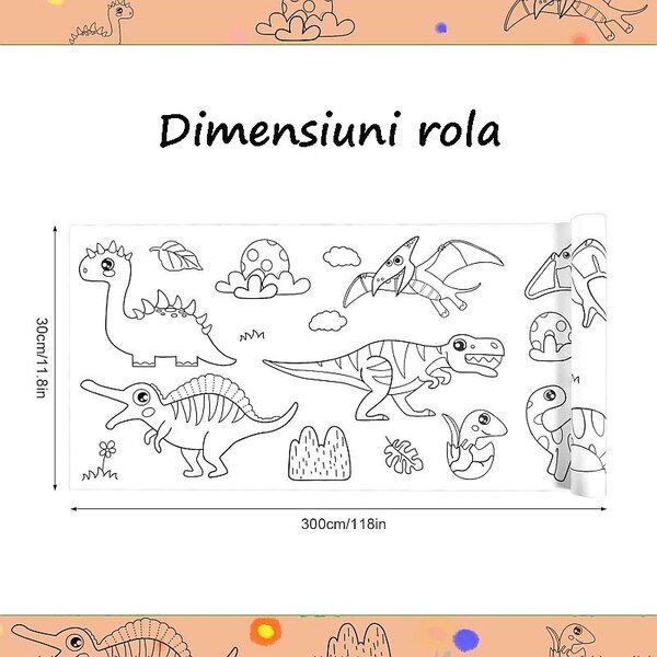 Rola autocolanta cu desene de colorat, model dinozauri, hartie, decupare si lipire, 30x300 cm