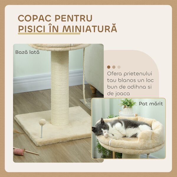 PawHut Copac Zgâriat pentru Pisici, Patut, Minge, Sfoară de Joacă, Plus și Sisal, 55x55x83cm, Beige | Aosom Romania