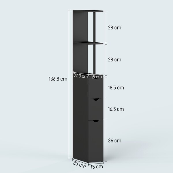 Dulap cu coloana HOMCOM din lemn ce economie de spatiu, dulap de baie cu rafturi, dulap si sertare, negru, 15x33x136.8cm | Aosom Romania